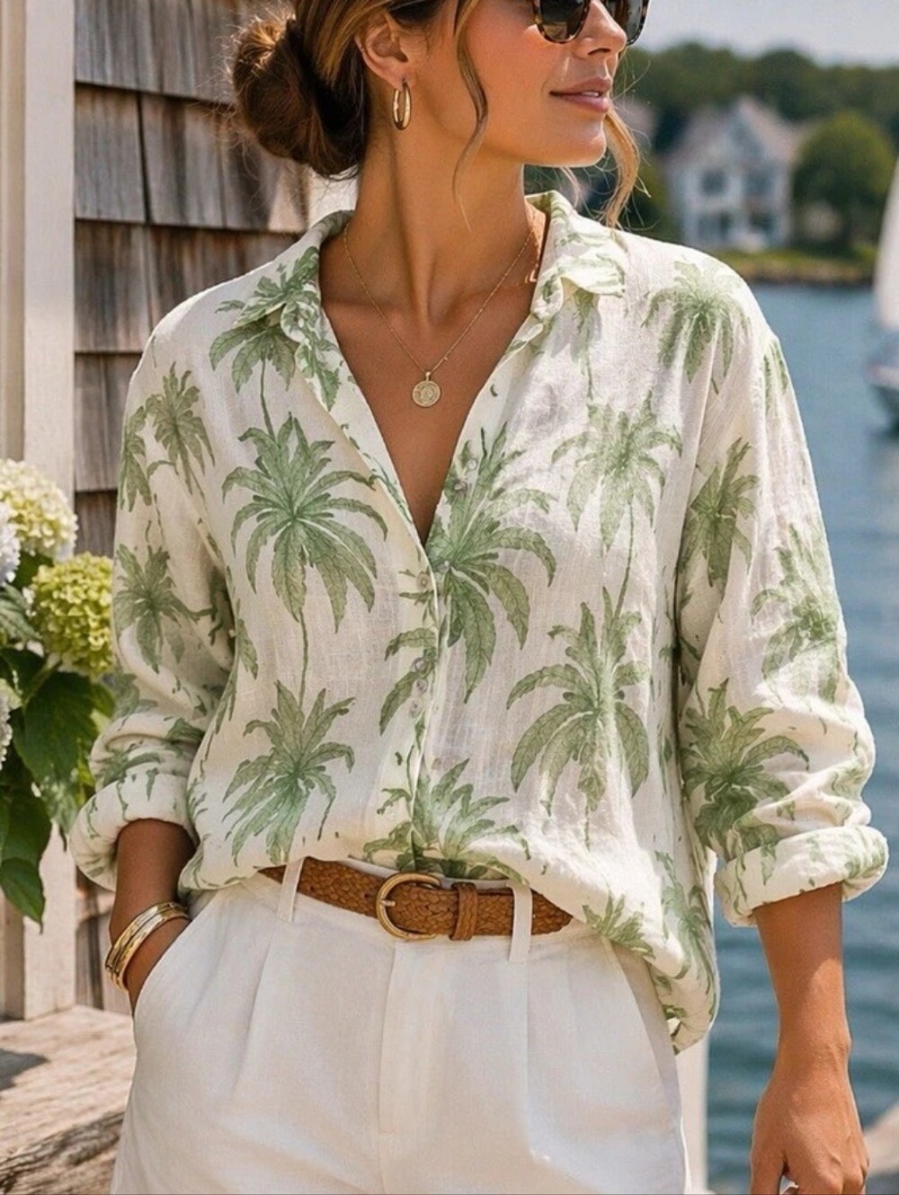 Tahari 100% Linen Tunic White Green Palm Trees Blouse Size M